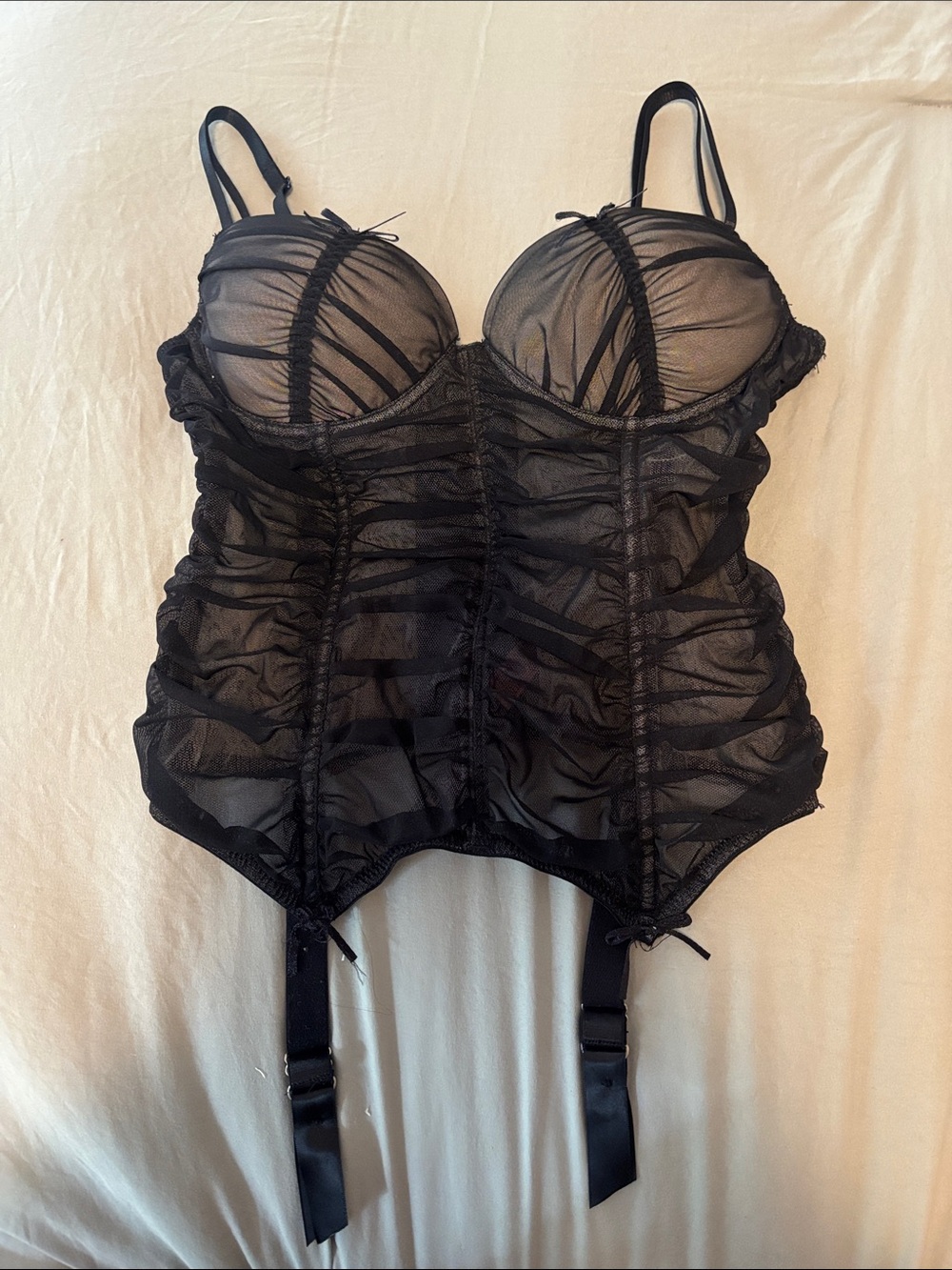 Black Sheer Mesh Bustier with Garter Straps - Women Intimates